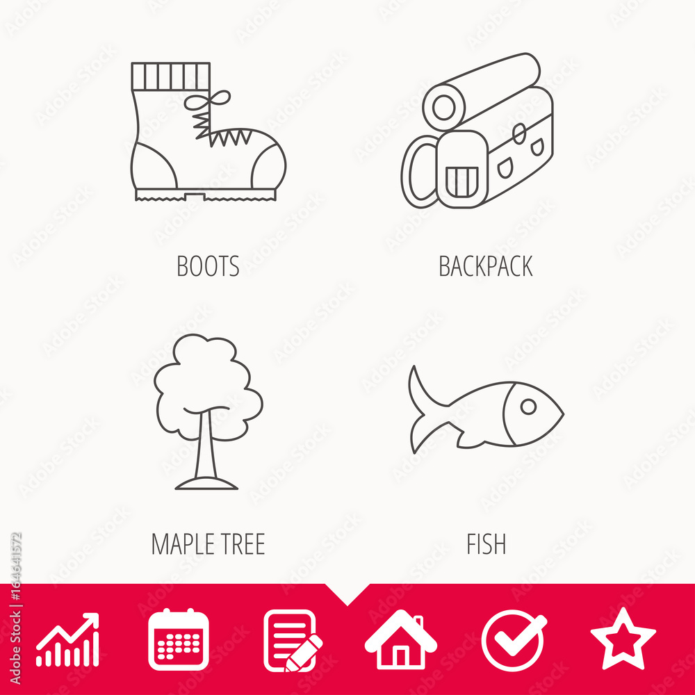 Maple tree, fish and hiking boots. Backpack linear sign. Edit document, Calendar and Graph chart signs. Star, Check and House web icons. Vector Maple tree, fish and hiking boots. Backpack linear sign. Edit document, Calendar and Graph chart signs. Star, Check and House web icons. Vector