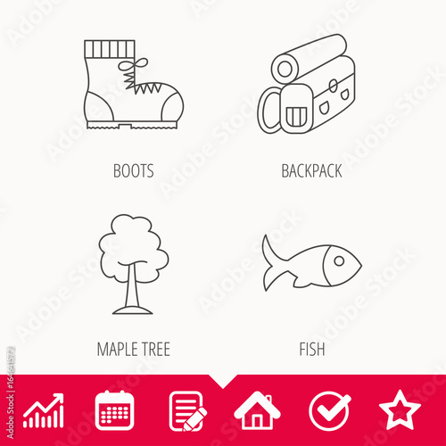 Maple tree  fish and hiking boots. Backpack linear sign. Edit document  Calendar and Graph chart signs. Star  Check and House web icons. Vector