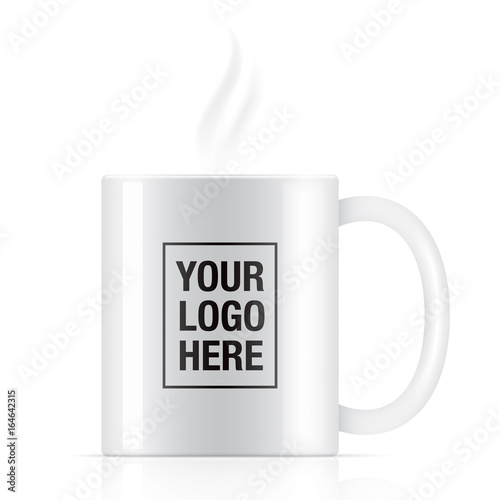 White vector coffee mug template isolated on background. Steam coming up from a white vector coffee mug. photo