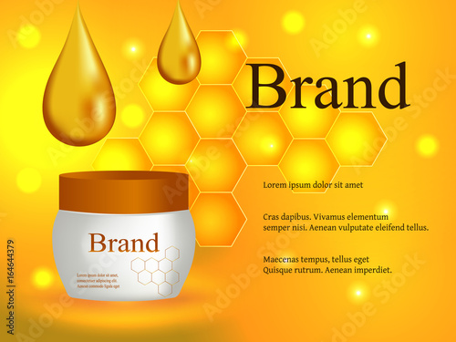 Cosmetics, face and body cream, honey lotion with a drop of honey and honeycombs on a gentle background, advertising, design, 3d vector, eps 10