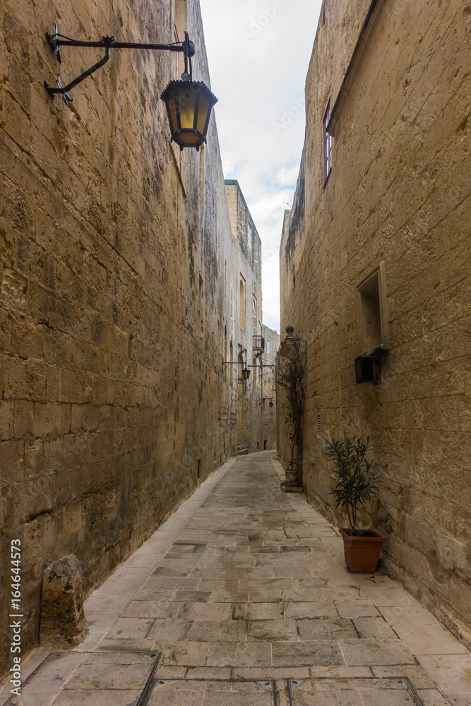 An empty street surrounded by ancient building in Mdina, 