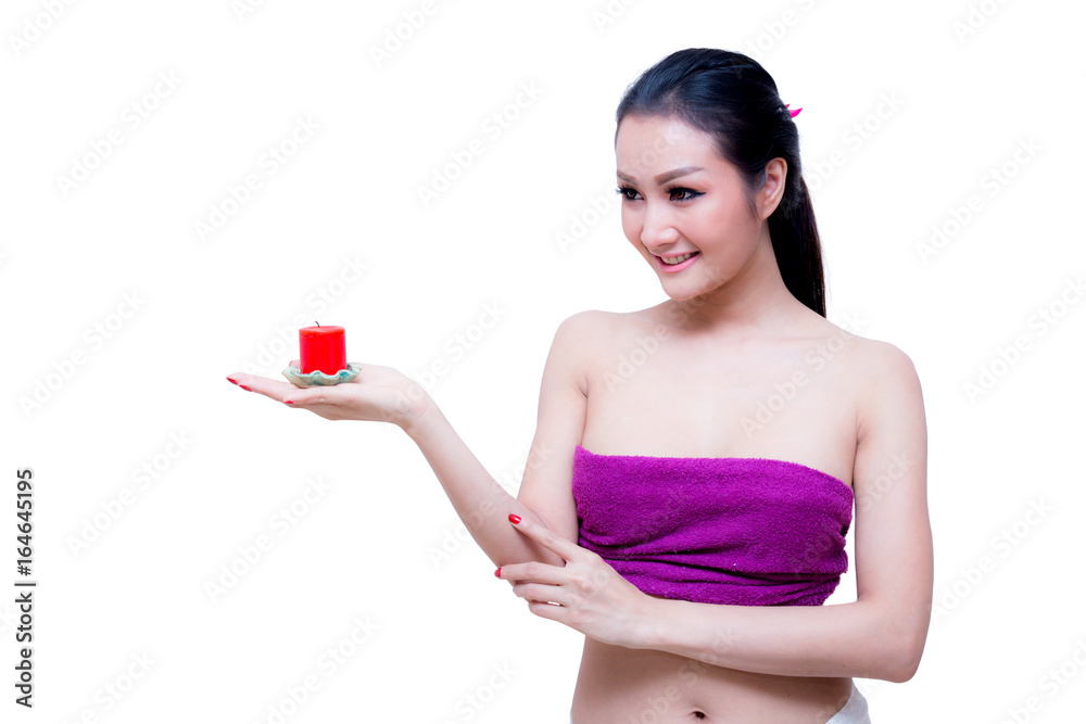 Portrait of beautiful woman, she holding candle, beauty and spa concept Portrait of beautiful woman, she holding candle, beauty and spa concept