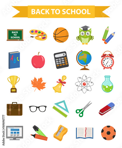 Back to school icon set, flat, cartoon style. Education collection of design elements with stationery, pencil, pen, eraser, globe. Isolated on white background. Vector illustration, clip-art