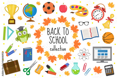 Back to school icon set, flat, cartoon style. Education collection of design elements with stationery, pencil, pen, eraser, globe. Isolated on white background. Vector illustration, clip-art