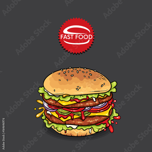 Beautiful realistic cheeseburger. Vector illustration for a logo  menu or corporate identity design of a cafe or restaurant. Fast food.