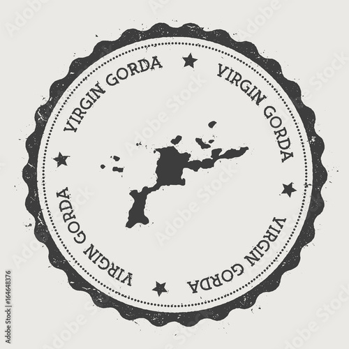 Virgin Gorda sticker. Hipster round rubber stamp with island map. Vintage passport sign with circular text and stars, vector illustration.