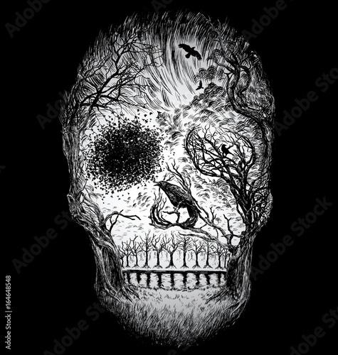 Hand Drawn Abstract Skull Made from Trees and foliage