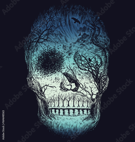 Hand Drawn Abstract Skull Made from Trees and foliage in color