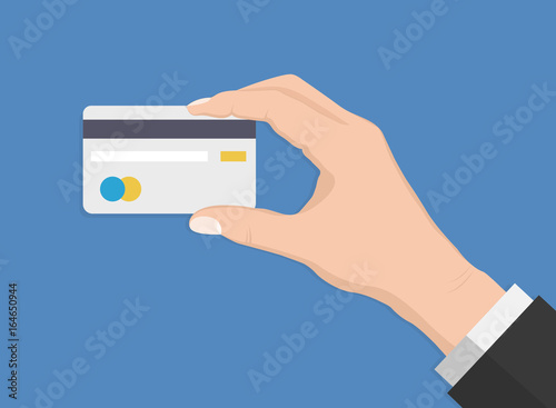 Flat Design style Human hand holding with credit card ,isolate on blue background ,vector design Element illustration