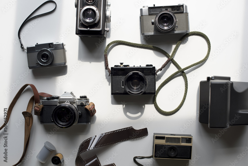 Aerial view of retro film camera collection