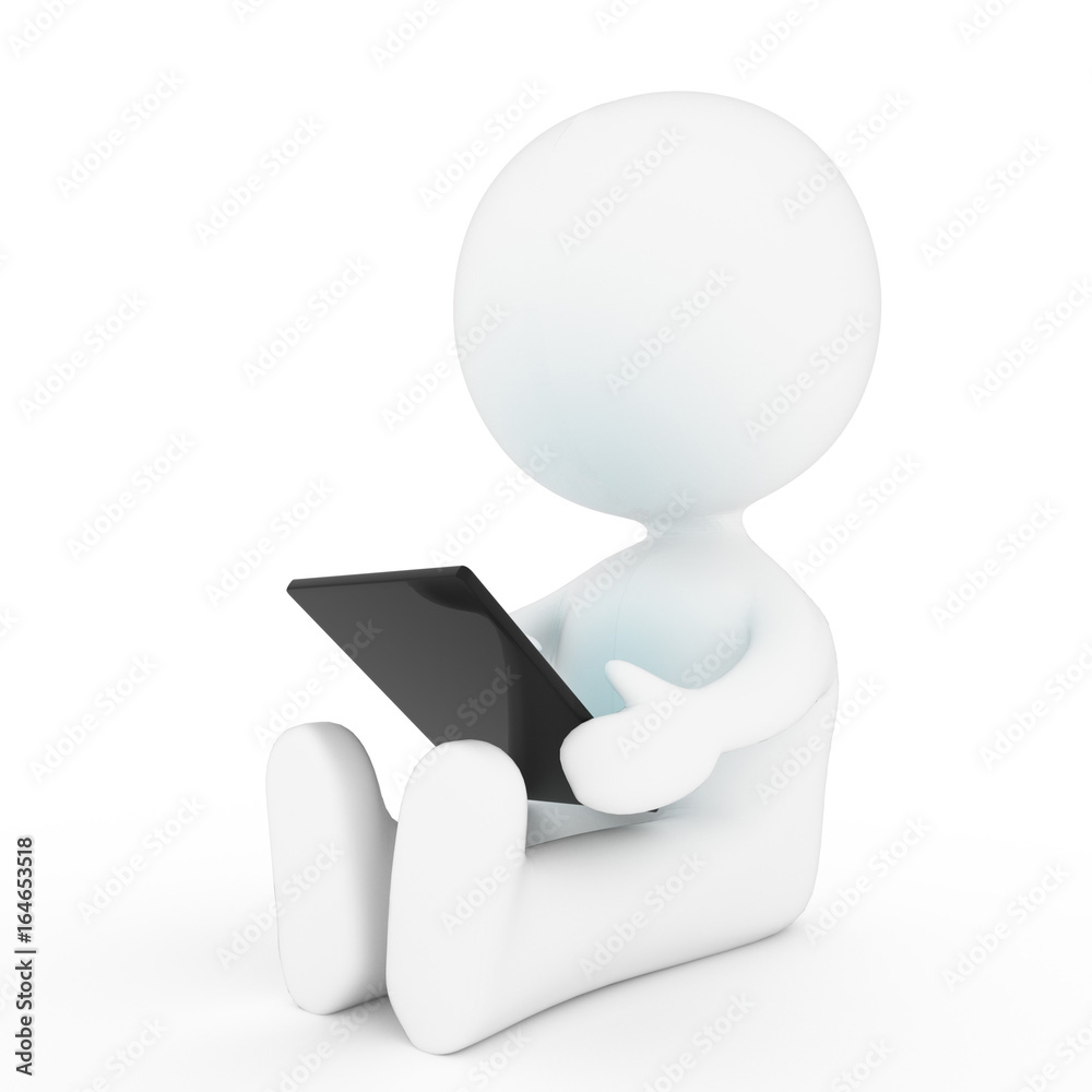 small white people is sitting and playing tablet on isolated white background in 3D rendering small white people is sitting and playing tablet on isolated white background in 3D rendering