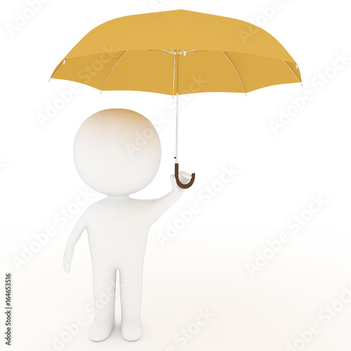 small white people hold yellow umbrella on isolated white background in 3D rendering