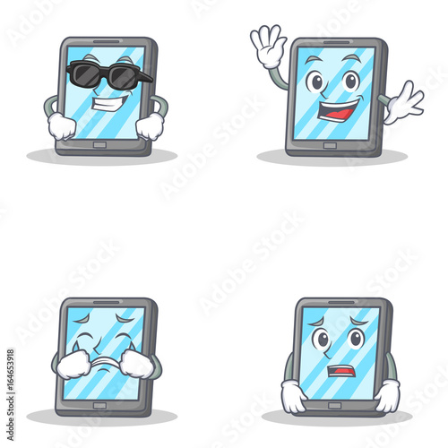Set of tablet character with cool waving crying afraid