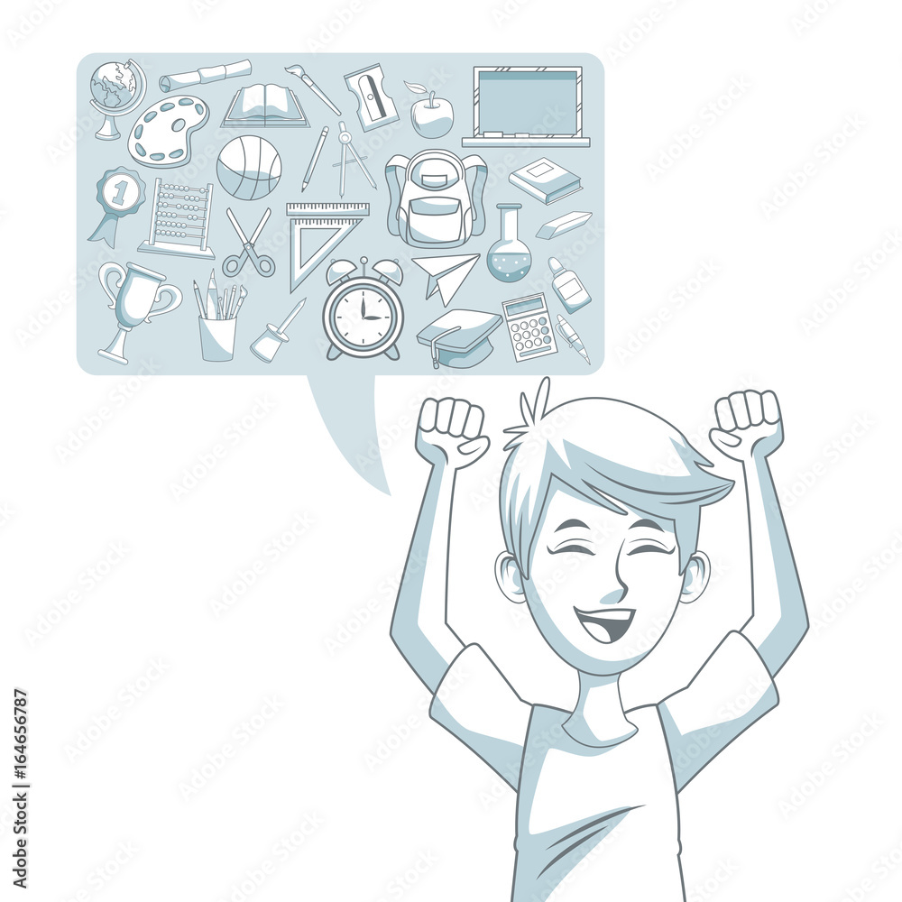 white background with color silhouette shading of dialog box with set school elements and boy student happiness white background with color silhouette shading of dialog box with set school elements and boy student happiness