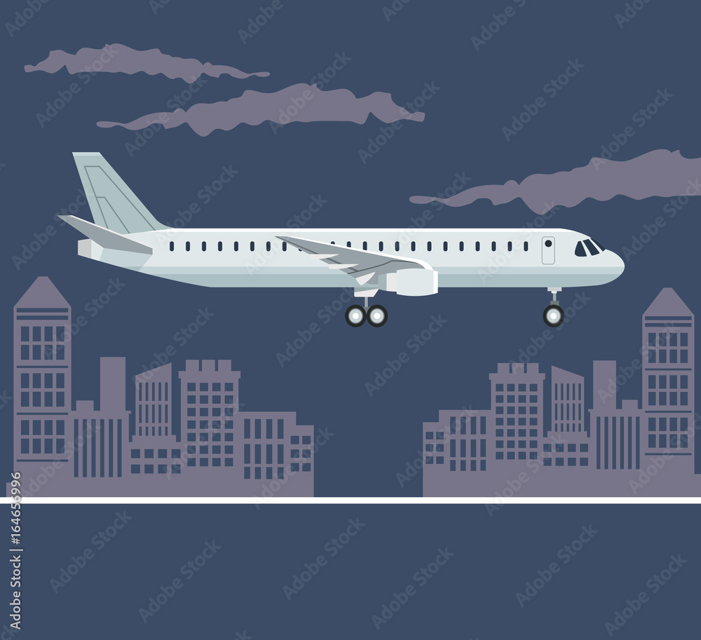 color poster city landscape with airplane in flight
