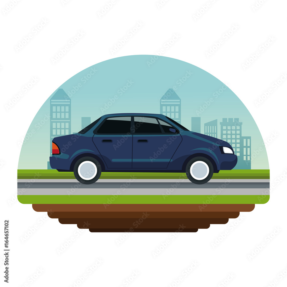 white background circular irregular frame with color scene city landscape with automobile vehicle transport in street