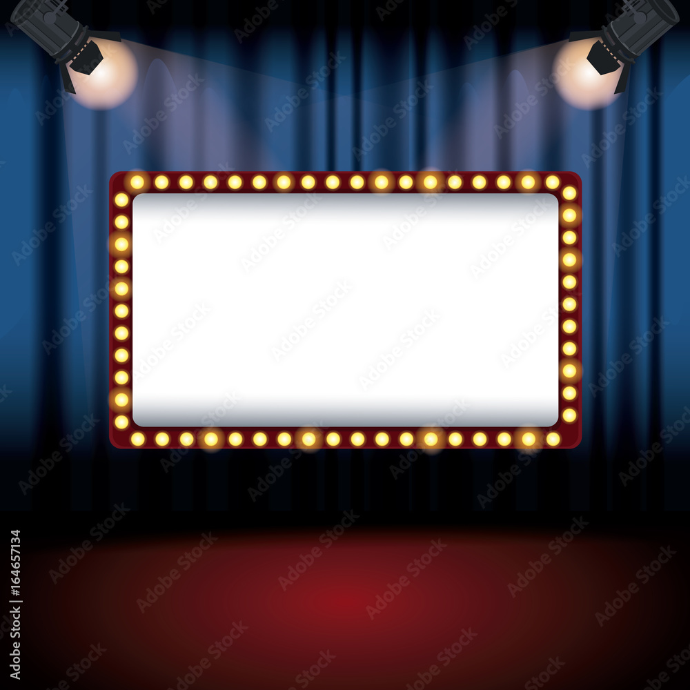color background stage cinema curtain with spotlights and billboard banner
