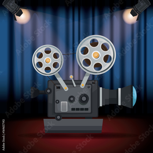 color background stage cinema curtain with spotlights and movie film projector