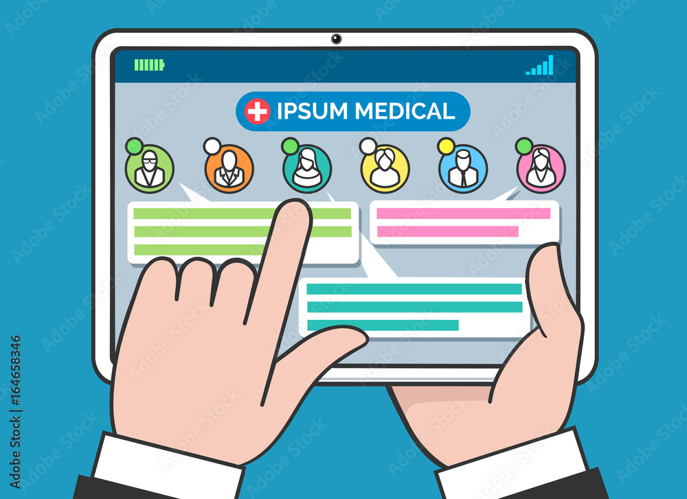 Tablet medical consulting and treatment concept. Telehealth or remote doctor and patient chat vector illustration Tablet medical consulting and treatment concept. Telehealth or remote doctor and patient chat vector illustration