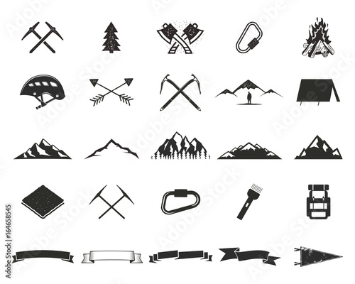 Mountain expedition silhouett icons set. Climb and camping shapes collection. Simple black pictograms. Use for creating logo, labels and other adventure designs. isolated on white photo