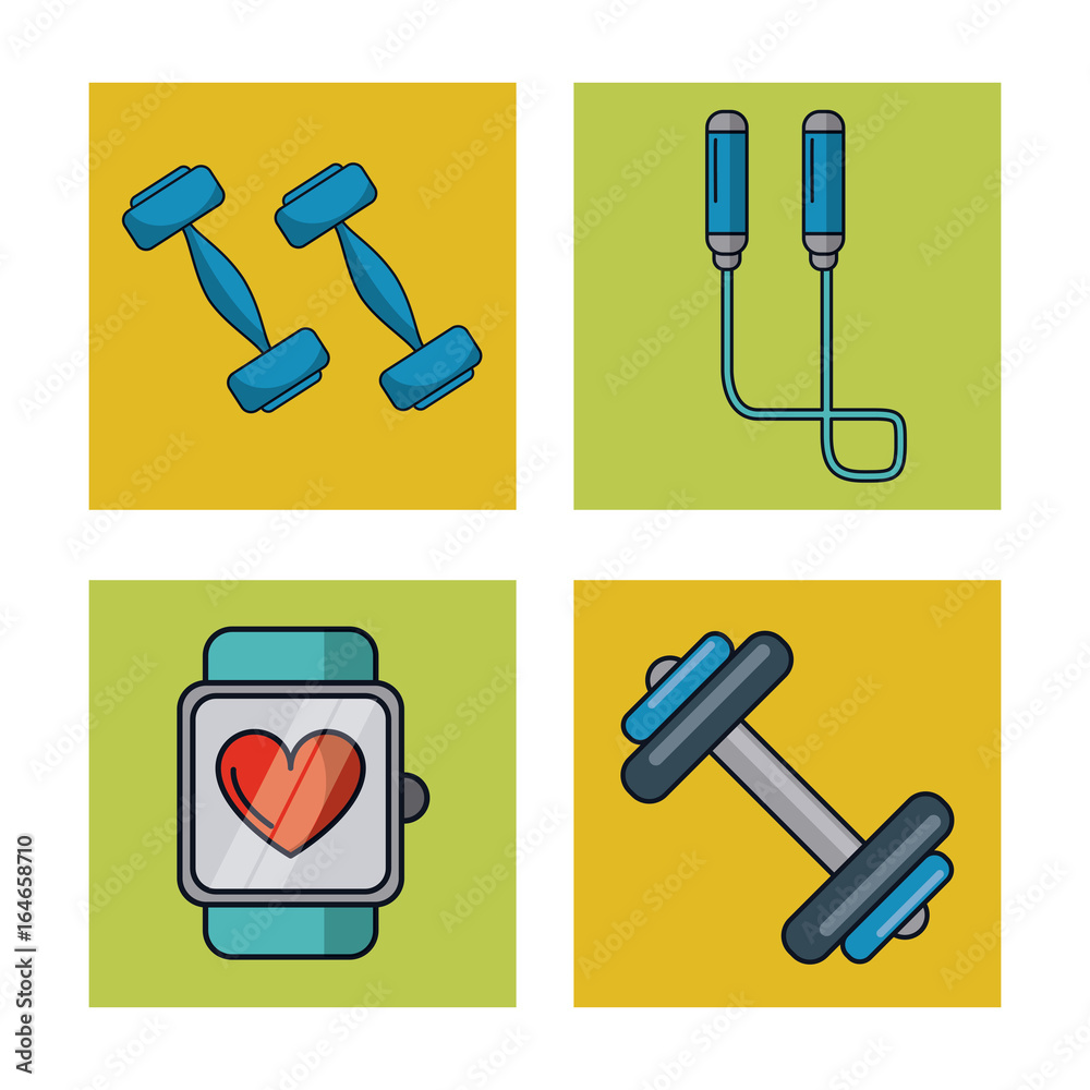 white background with frames of healthy lifestyle with dumbbells and jumping rope and clock pulse monitoring white background with frames of healthy lifestyle with dumbbells and jumping rope and clock pulse monitoring