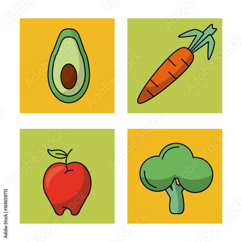 white background with frames of healthy lifestyle with vegetables avocado carrot broccoli and apple fruit © Jemastock