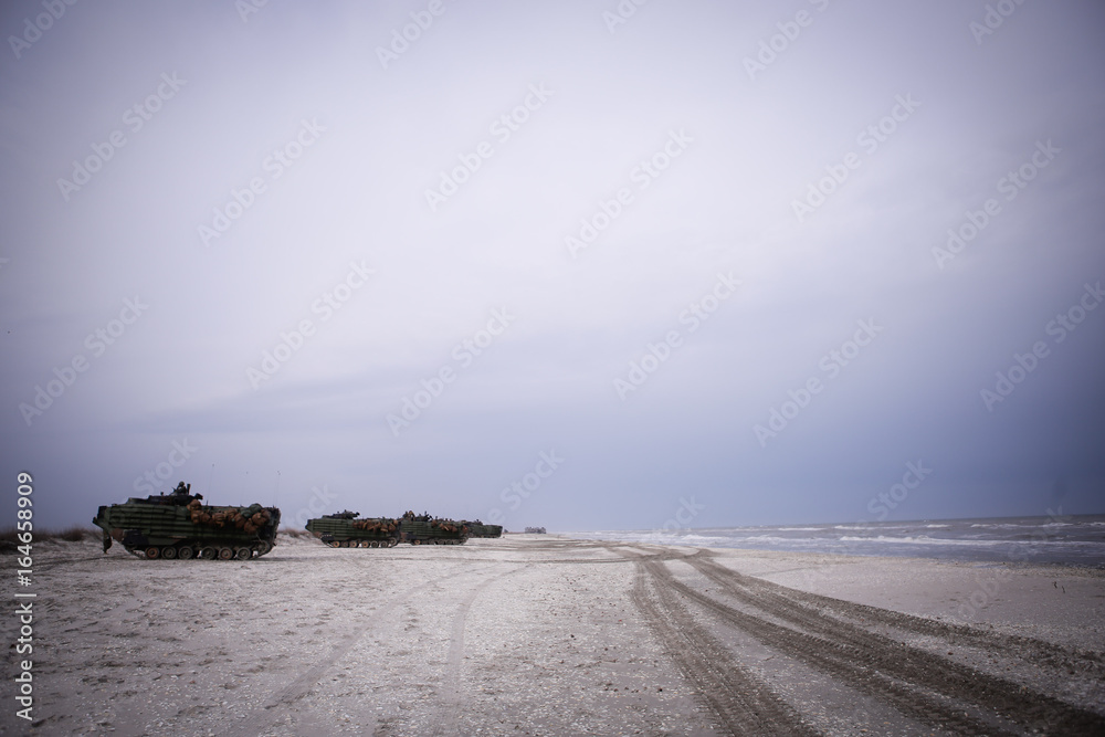 US Navy amphibious personnel carriers take part at a NATO military exercise, on 18 March 2017, in Capu Midia, Romania. US Navy amphibious personnel carriers take part at a NATO military exercise, on 18 March 2017, in Capu Midia, Romania.
