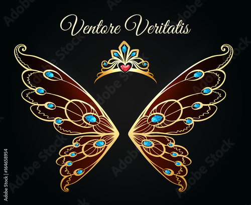 Wings and tiara princess jewelry gold logo. Luxury jewellery diamond fashion vector emblem