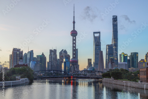 Photography Shanghai skyline panorama,landmarks of Shanghai with Huangpu river in China