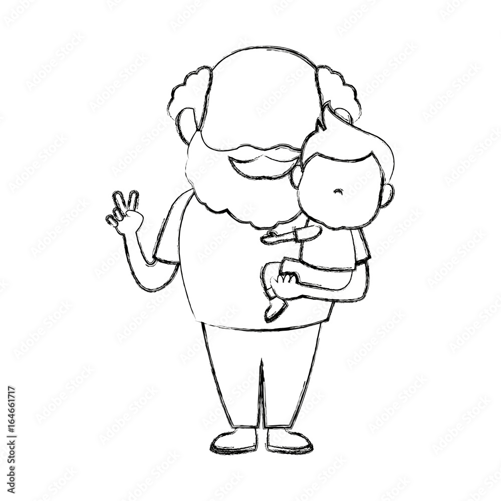 cartoon happy grandpa and his grandson on white background