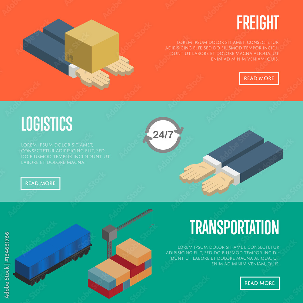 Freight logistics and transportation isometric banners vector ...