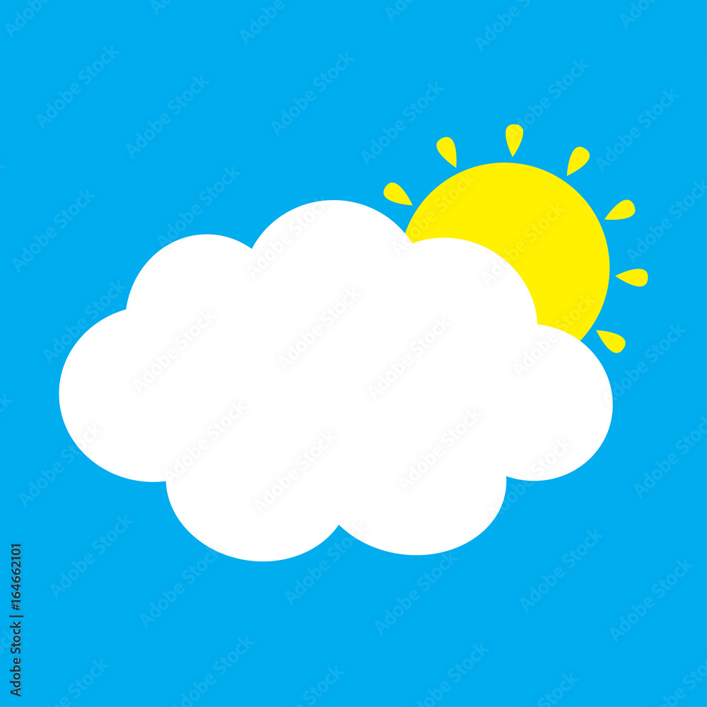 White cloud and yellow sun set. Fluffy clouds. Cute cartoon cloudscape. Cloudy weather sign symbols. Flat design Decoration element. Blues sky background. Isolated. Stock Vector | Adobe Stock White cloud and yellow sun set. Fluffy clouds. Cute cartoon cloudscape. Cloudy weather sign symbols. Flat design Decoration element. Blues sky background. Isolated. Stock Vector | Adobe Stock