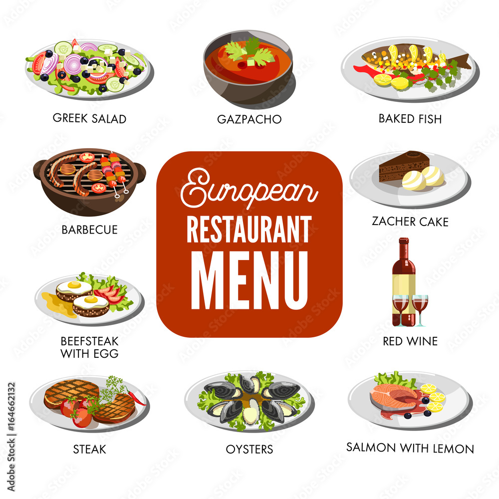 European Restaurant Menu With Exquisite Cuisine Isolated Illustrations European Restaurant Menu With Exquisite Cuisine Isolated Illustrations
