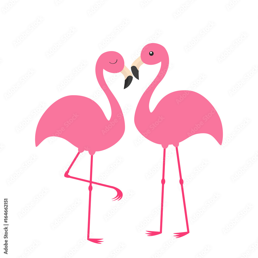 Fototapeta premium Two pink flamingo set. Exotic tropical bird with eyes. Zoo animal collection. Cute cartoon character. Love family couple. Decoration element. Flat design. White background. Isolated.