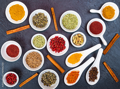 Variety of spices and herbs for cooking meat, fish, chicken and vegetable salads