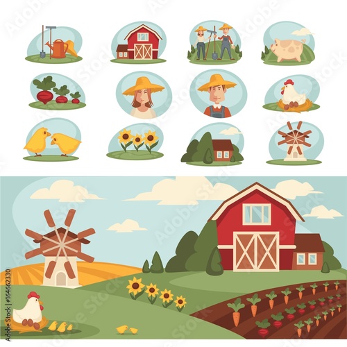 Cozy farm with long vegetable beds, red barn and mill