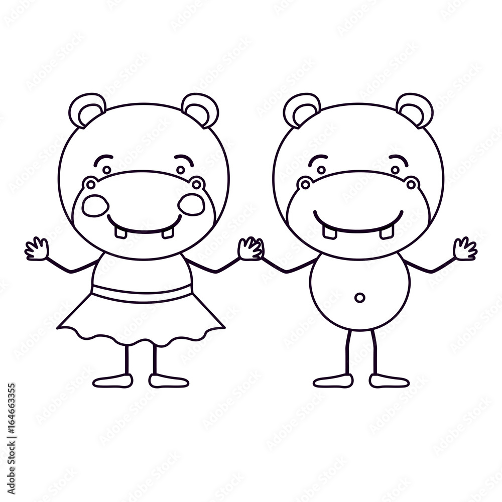 sketch silhouette caricature with couple of hippos holding hands vector illustration sketch silhouette caricature with couple of hippos holding hands vector illustration