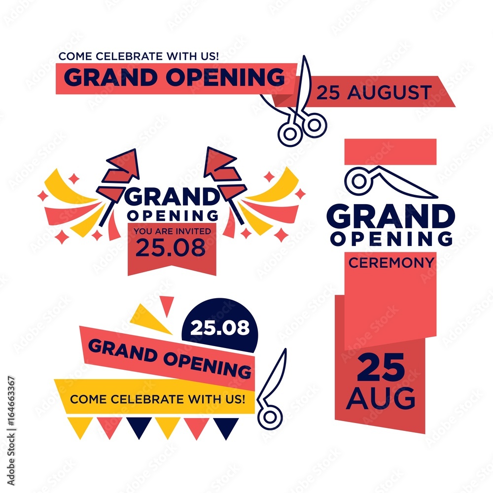 25 August grand opening ceremony bright invitations set Stock Vector