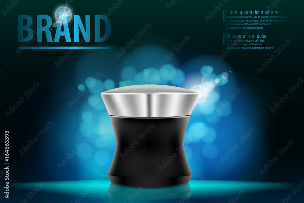 Cosmetic product packaging design concept for premium brand in dark blue bokeh background. Cream contained, ads, black makeup bottle template. Vector 3D illustration.