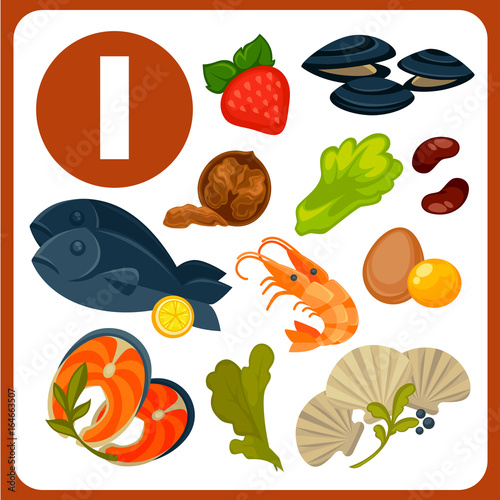 Products with high iodine content isolated illustrations set