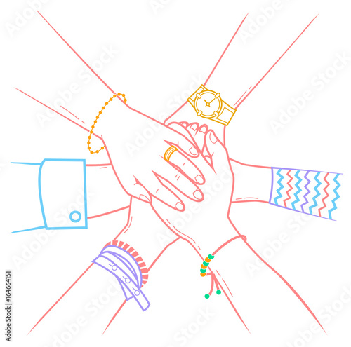 people making pile of hands
