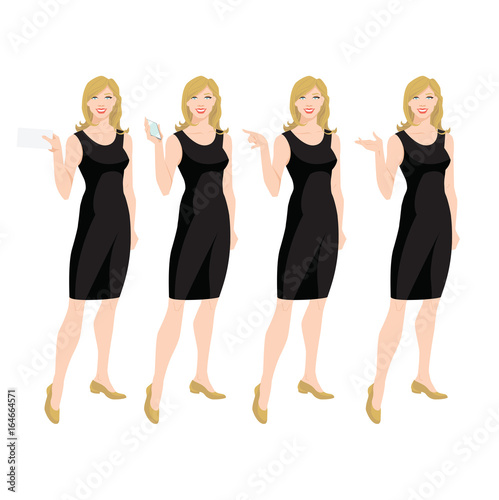 Vector illustration of woman in black dress isolated on white background
