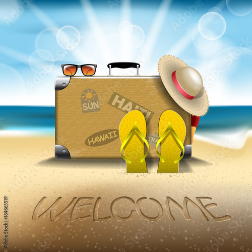 Summer vector banner include summer objects 3d hat sunglasses suitcase flippers on beach vector illustration