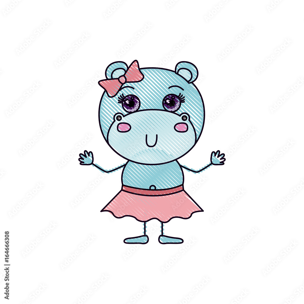 color crayon silhouette caricature of adorable expression female hippo in skirt with bow lace vector illustration