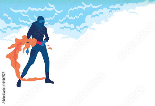 Radical young man with Molotov cocktails, fire and smoke. Riots, street protest. Vector illustration, poster with copy space.
