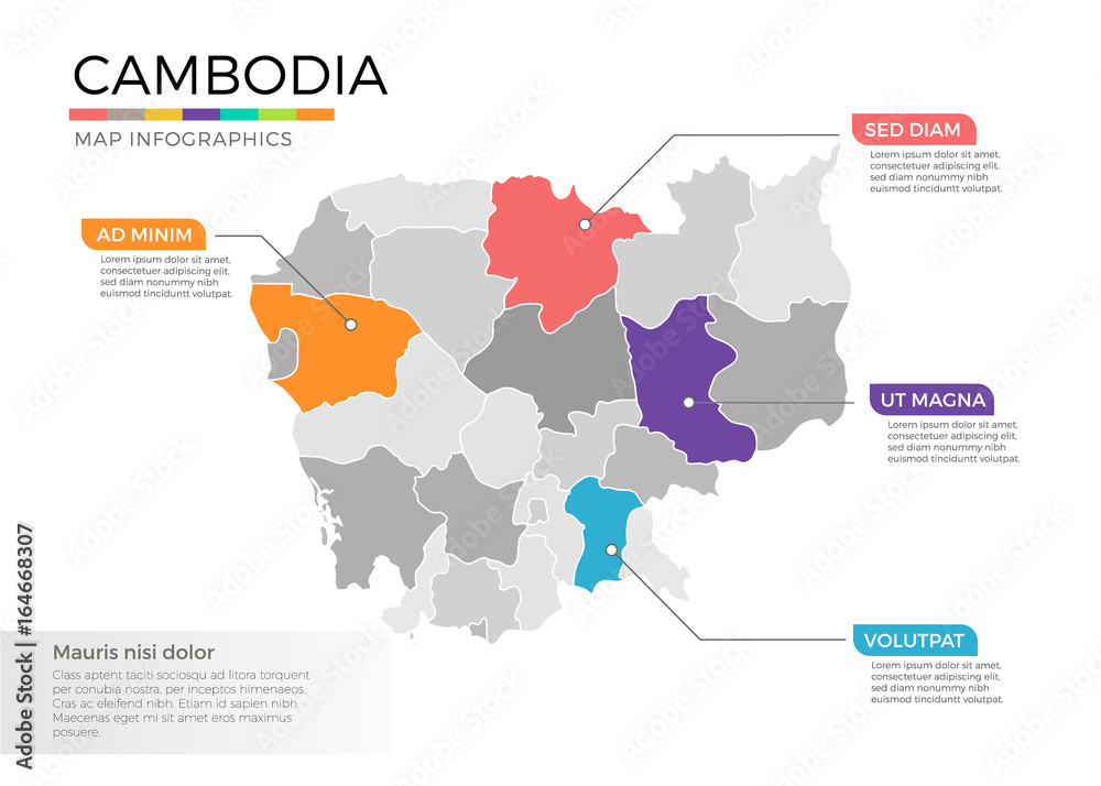 Cambodia map infographics vector template with regions and pointer marks
