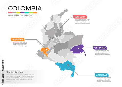 Colombia map infographics vector template with regions and pointer marks