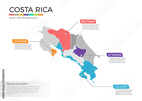 Costa rica map infographics vector template with regions and pointer marks