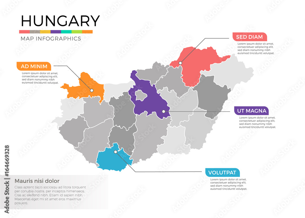 Hungary map infographics vector template with regions and pointer marks