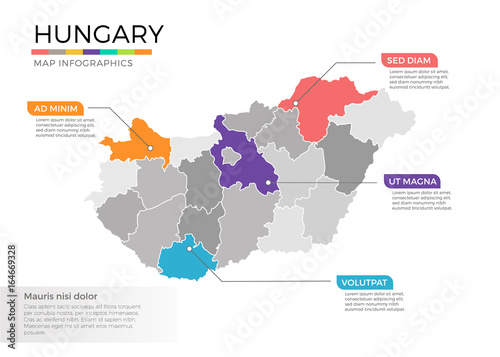 Hungary map infographics vector template with regions and pointer marks